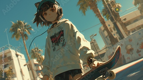 A girl skateboarding on the streets of Harajuku, listening to music with stylish headphones 80s anime rainbow retro fashion