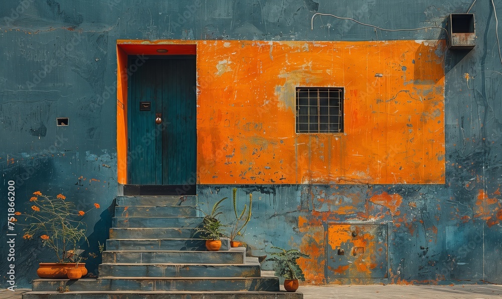 A unique building painted in shades of blue and orange with wooden stairs leading up to the entrance. The facade combines art and architecture beautifully