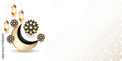 3d islamic golden crescent moon  ornament empty eid al fitr adha or idul fitri background banner