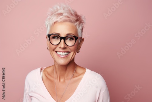 Beautiful middle aged woman with pink hair wearing glasses. Studio shot.