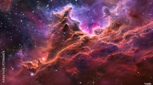  An intricate dance of cosmic dust and gases unfolds in this mesmerizing view of a nebula. Dominated by vibrant hues of red and purple, the nebula showcases a celestial masterpiece