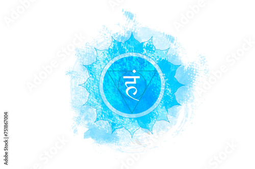 Fifth chakra of Visuddha, Throat chakra logo template in watercolor style. Blue mandala. Hindu Sanskrit seed mantra Vam, symbol for meditation, yoga. Vector isolated on white background 