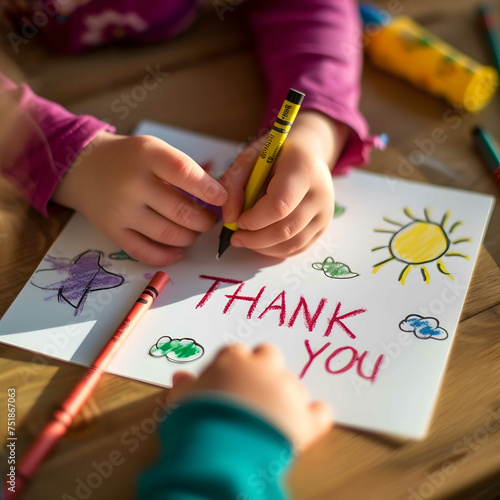 child drawing with crayons word "Thank You" positive message