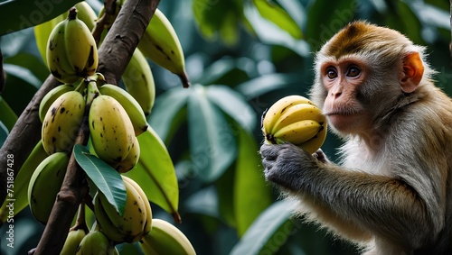 A monkey picking bananas from a tree