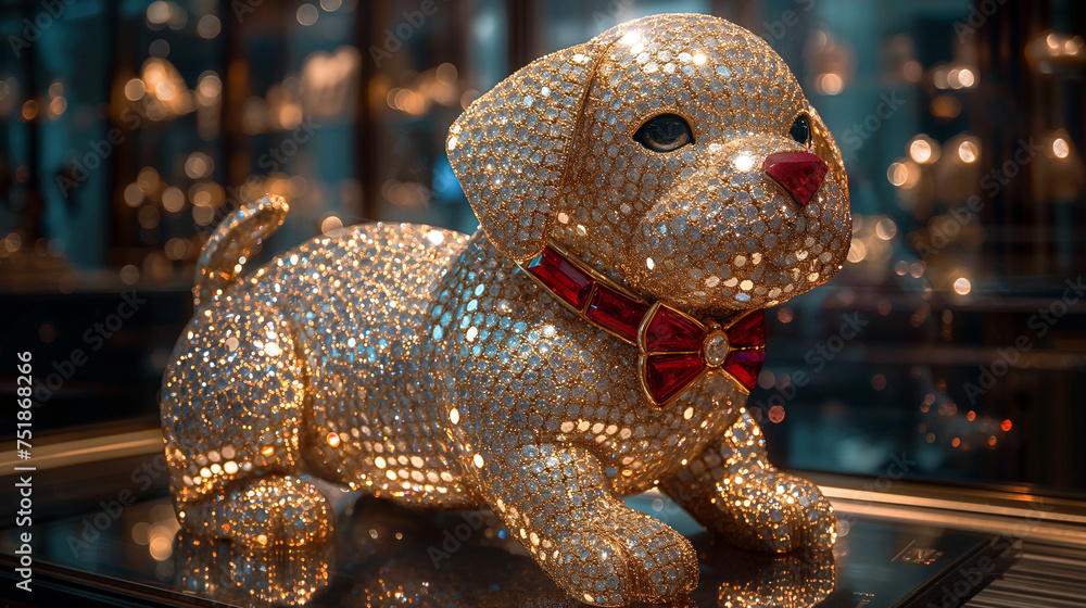 A statue of a puppy crafted with sparkling sequins and red diamond bow on its neck