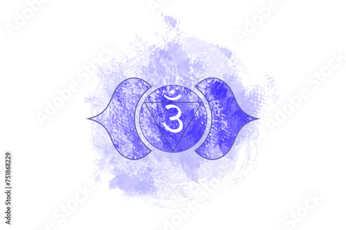 Sixth chakra of Ajna, Third eye chakra logo template in watercolor style. Purple mandala. Sacral sign meditation, yoga icon, vector isolated on white background