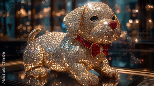 A statue of a puppy crafted with sparkling sequins and red diamond bow on its neck © K.A
