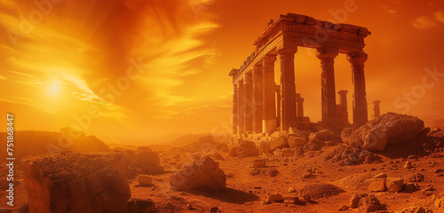 A Greek temple in ruins, its history whispered by the desert winds, under a glowing amber sky