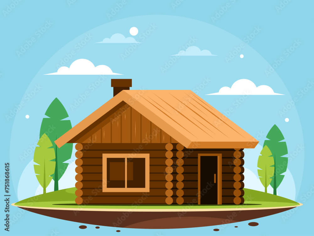 Hut on a green meadow. Wooden hut. Old wooden house. Green meadow with trees. Rural landscape. Vector graphics Hut on a green meadow. Wooden hut. Old wooden house. Green meadow with trees. Rural landscape. Vector graphics