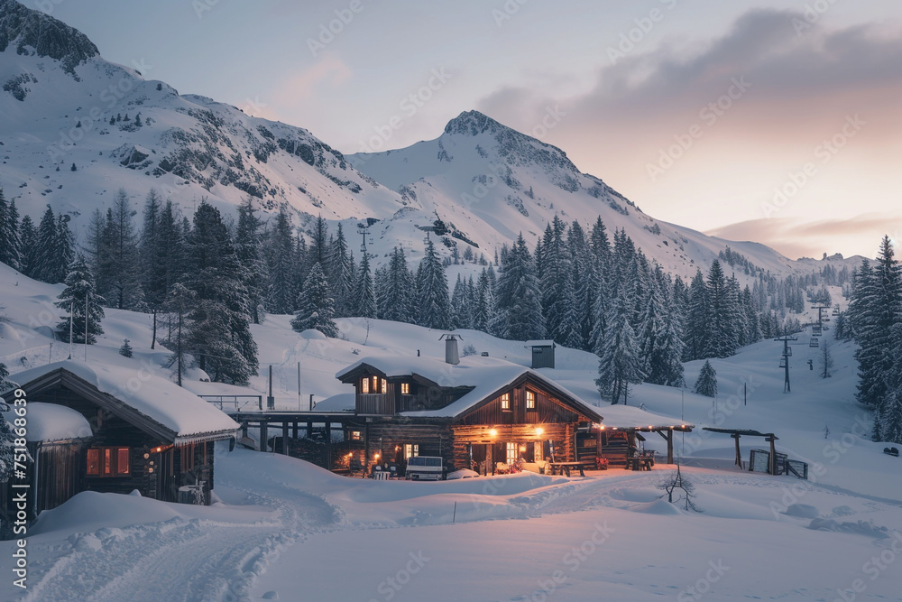 A mountain lodge with rustic outdoor lighting in winter with a pale blue dusk sky