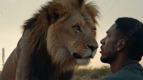 A young man confronts a lion