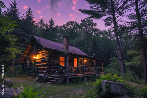 A rustic cabin with warm outdoor lighting nestled in a forest with a purple dusk sky