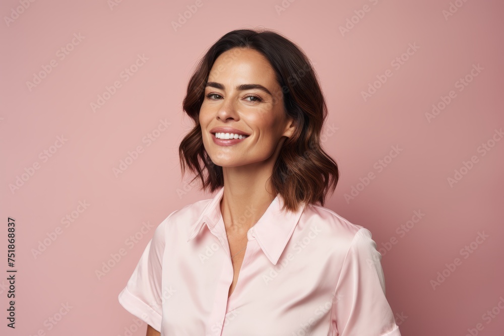 Portrait of happy young woman in pink shirt on pink background. Portrait of happy young woman in pink shirt on pink background.