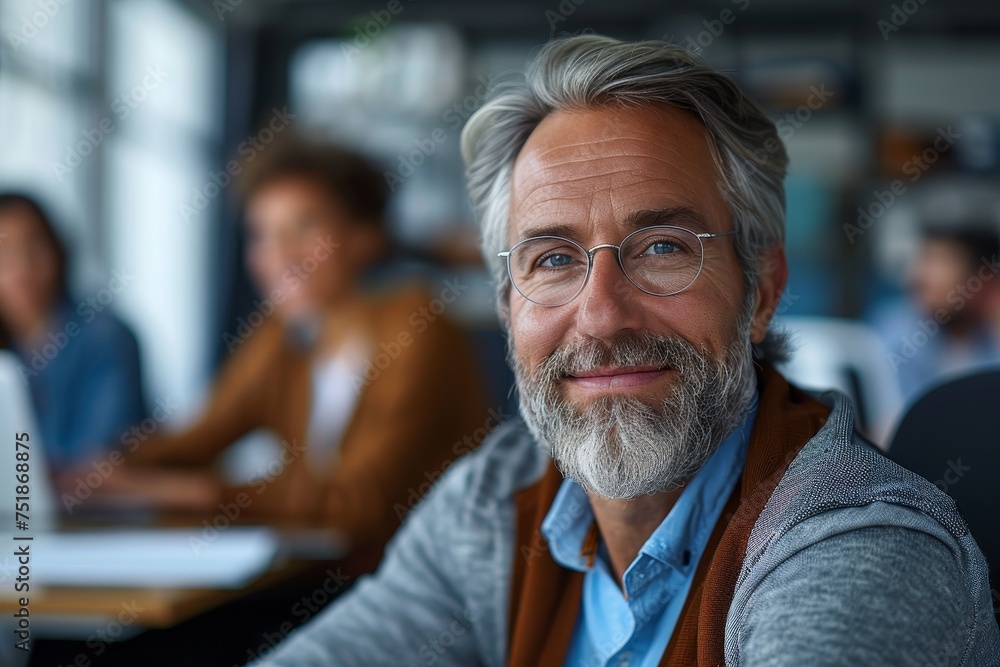 Fototapeta premium Confident senior man with glasses smiling at camera in a professional office environment