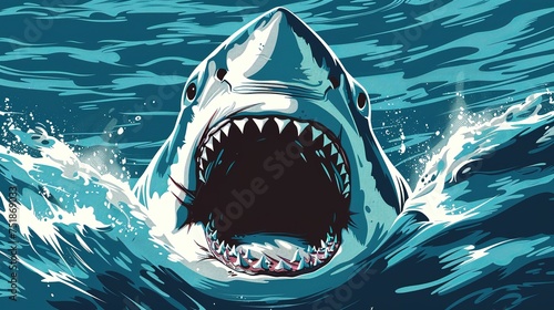 Great white shark with open mouth. Watch out sharks. Shark attack. White shark teeth. photo