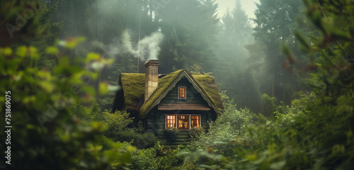 Close exterior view of a cozy cottage nestled in a lush green forest, smoke gently rising from the chimney, background color: soft sage green