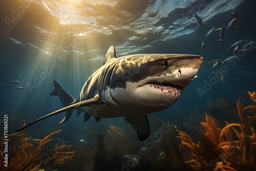 Great white shark with its main four fins swimming under sun rays in the blue Pacific Ocean photo