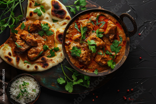Indian chicken masala and naan bread garnished with fresh, green cilantro.