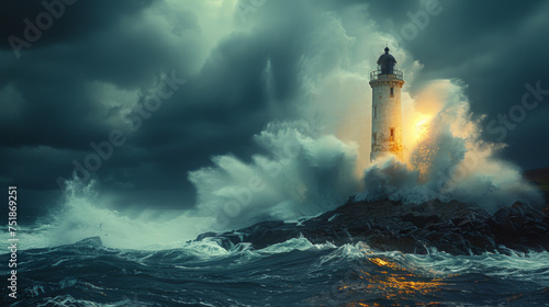 Waves hitting a lighthouse in Scotland. photo