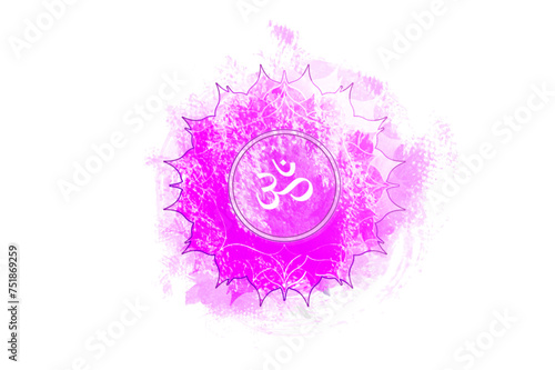 seventh chakra of Sahasrara, Crown chakra logo template in watercolor style. Purple sacral sign meditation, yoga round mandala icon. The symbol Om in the center, vector isolated on white background