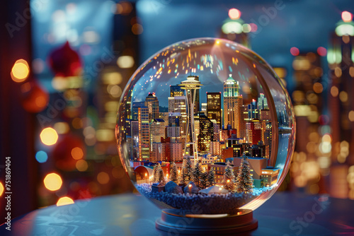 Downtown Seattle, Washington in a snow globe on a table.