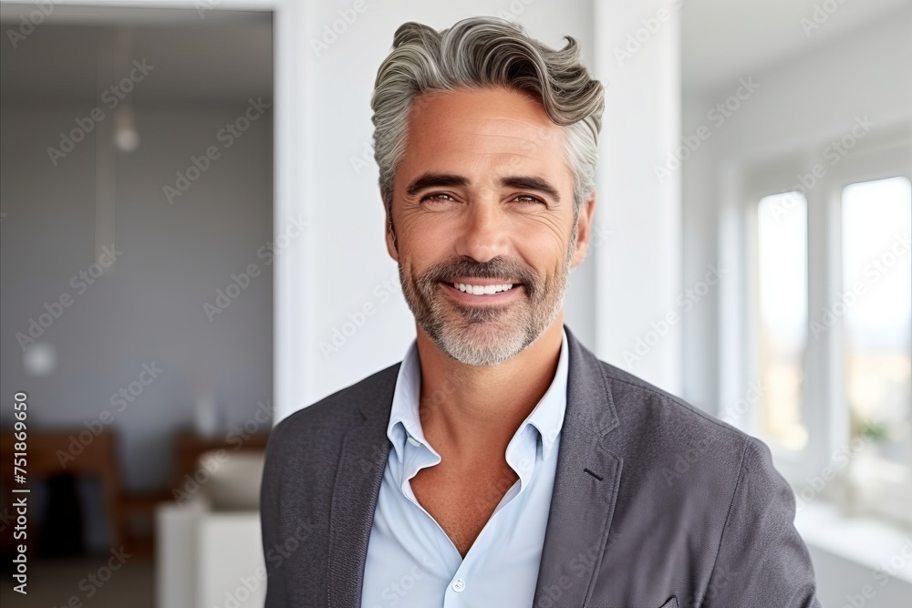 Portrait of a handsome mature man smiling at the camera in a modern home Portrait of a handsome mature man smiling at the camera in a modern home