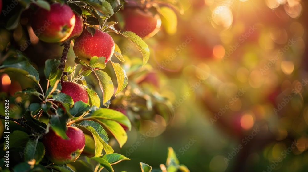 Apples on an apple tree in an orchard on a sunny evening. Apples on an apple tree in an orchard on a sunny evening.