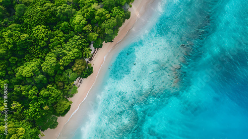 An aerial view reveals a pristine beach with turquoise waters, surrounded by lush greenery.