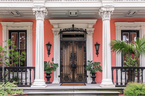 The stately columns and detailed iron gate of an Italianate porch, with the house exterior against a warm coral backdrop