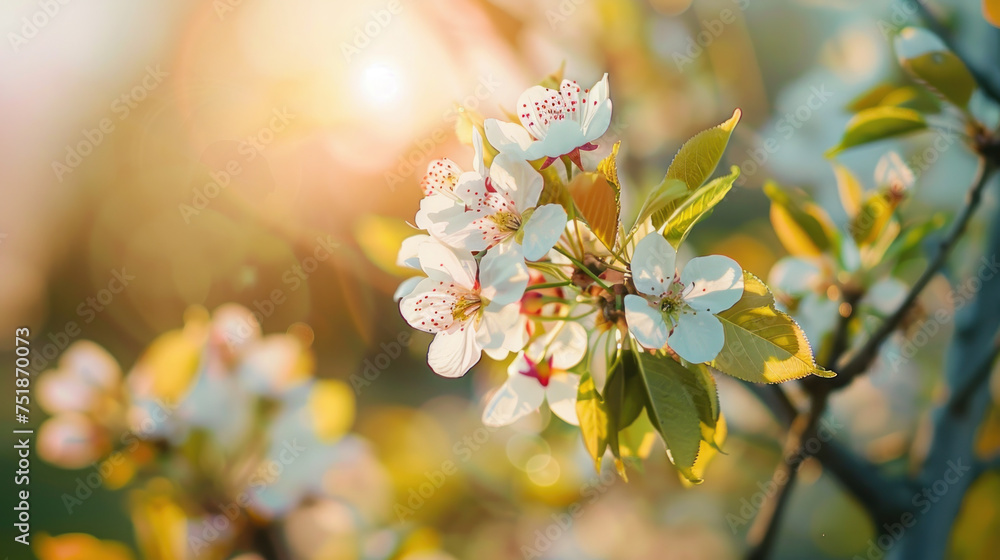 Sunlight filters through delicate white blossoms on a spring day, highlighting the fresh, dew-kissed petals and budding leaves.