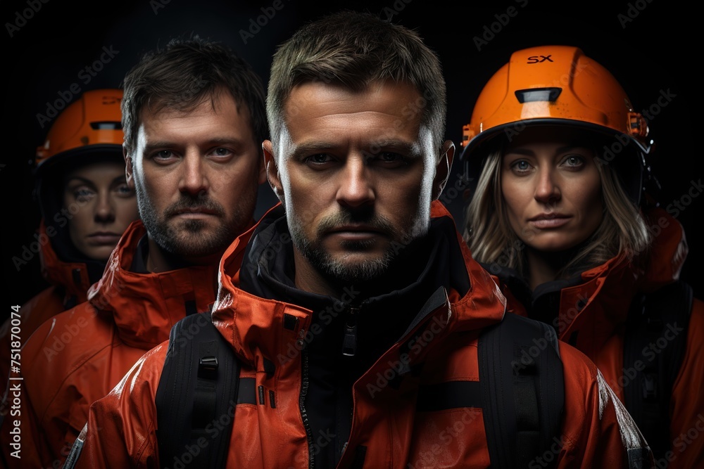 A group of people wearing orange jackets and backpacks are posing for a photo A group of people wearing orange jackets and backpacks are posing for a photo