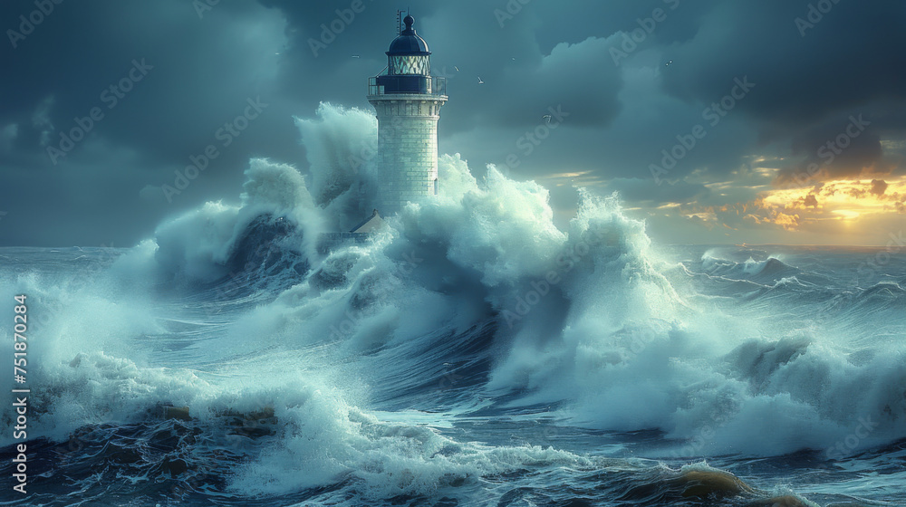 Waves hitting a lighthouse in Scotland.