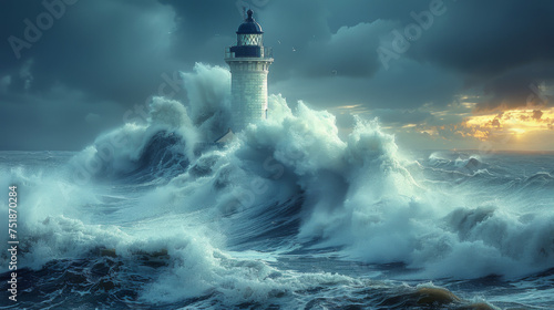 Waves hitting a lighthouse in Scotland.