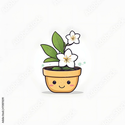 Cute jasmine flower plant in a pot with eyes kawaii character isolated on a white background
