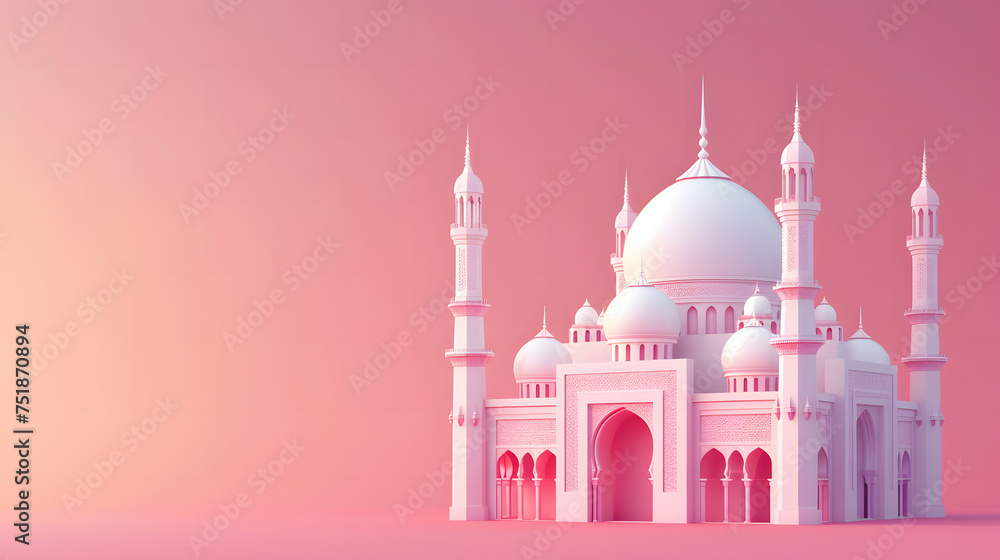 3d mosque with white and slight pink gradations on a bright pink background with copy space