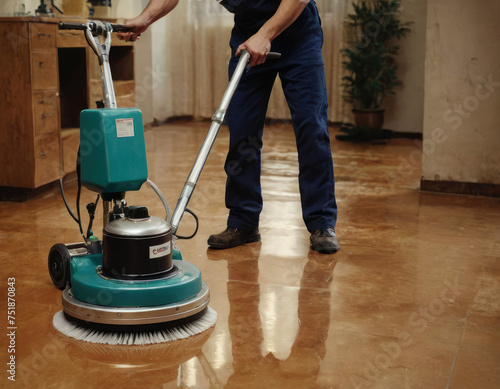 Worker polishing hard floor with high speed polishing machine while other cleaner cleans rhe table in the background