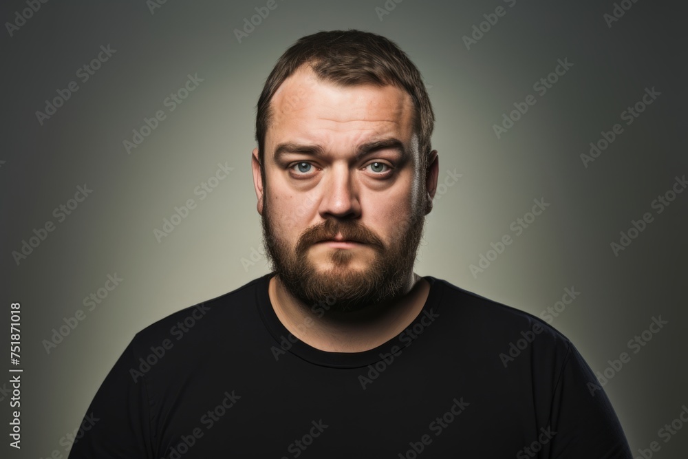 Portrait of a bearded man in a black t-shirt.