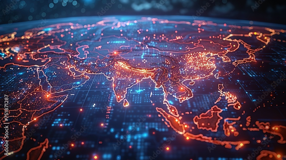 Digital map of Asia, concept of global network and connectivity, data transfer and cyber technology, business exchange, information and telecommunication Digital map of Asia, concept of global network and connectivity, data transfer and cyber technology, business exchange, information and telecommunication