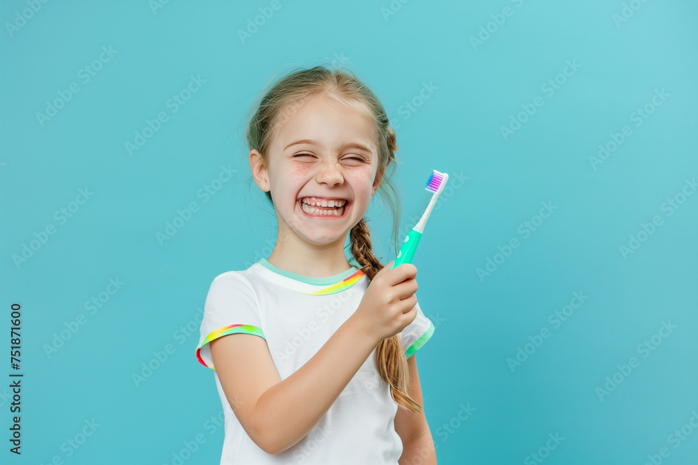 Caucasian girl with toothbrush in her hand, on light blue background Caucasian girl with toothbrush in her hand, on light blue background