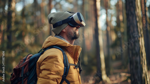 Man using Virtual Reality Headset in Wooded Forest