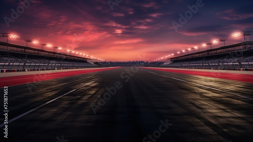 Close up shot of the view of the asphalt international race track in the evening
