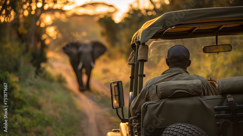 Elephant Encounter on Safari Road, A close encounter with an elephant on a safari at dusk, as viewed from inside a jeep