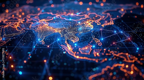 Digital map of Asia, concept of global network and connectivity, data transfer and cyber technology, business exchange, information and telecommunication