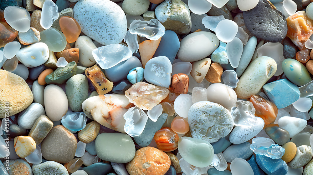 A close-up view of a sandy beach reveals an assortment of colorful pebbles and pieces of sea glass A close-up view of a sandy beach reveals an assortment of colorful pebbles and pieces of sea glass