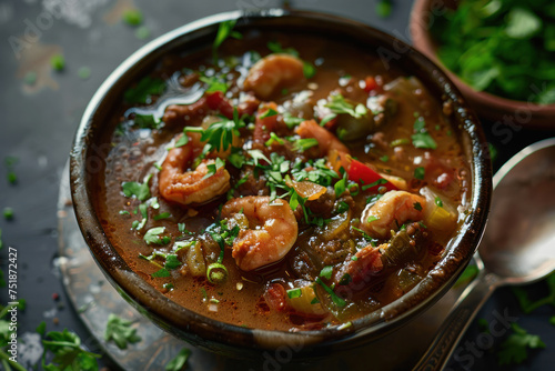 Southern style shrimp gumbo in a bowl garnished with cilantro and green onions. photo