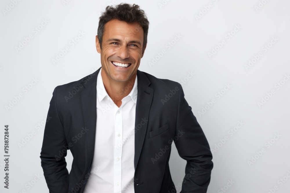 Portrait of happy mature businessman smiling at camera while standing against grey background Portrait of happy mature businessman smiling at camera while standing against grey background