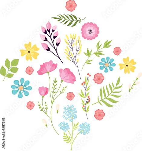 Assorted floral elements arranged heart shape, colorful flowers leaves design...