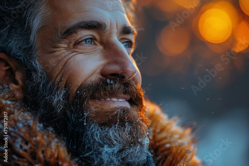 A serene man with a snowy beard and glistening eyes enjoys the winter ambiance photo