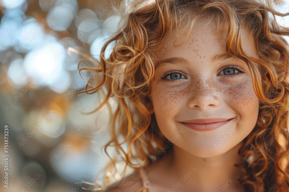 A young girl with curly red hair and freckles smiles brightly, emanating joy and youthful energy A young girl with curly red hair and freckles smiles brightly, emanating joy and youthful energy