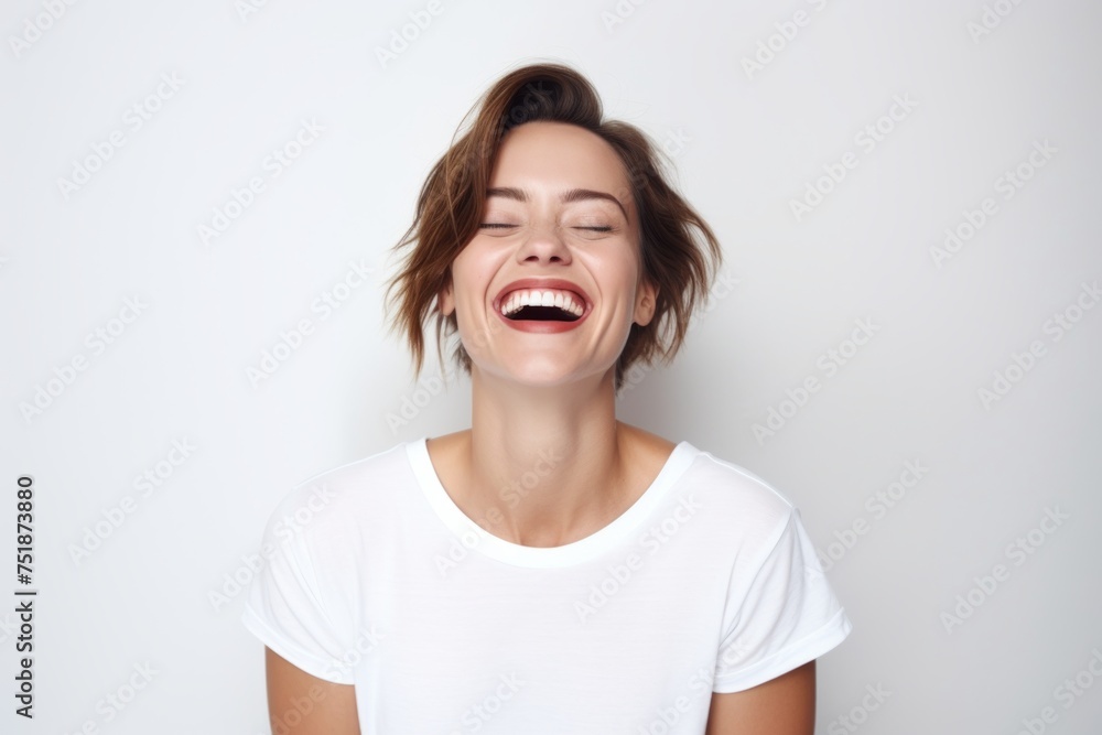 Portrait of a young woman laughing with closed eyes on a white background Portrait of a young woman laughing with closed eyes on a white background
